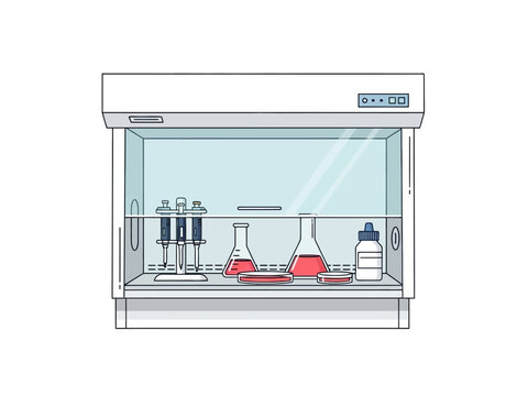 Laboratory fume hood with scientific equipment inside for experiments.