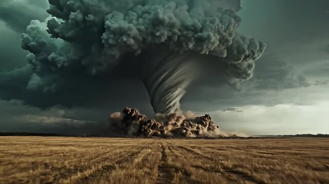 Powerful Tornado Funnel Beneath Rotating Supercell Storm Over Open Field Weather Concept