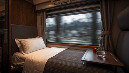 Train cabin interior with bed and window