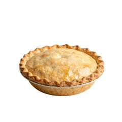 Golden baked pie with flaky crust in aluminum tray