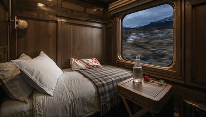 Train Cabin with Bed, Water Bottle and Window View