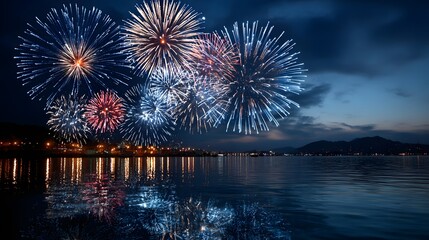 Colorful fireworks exploding over calm water at night with reflections creating a festive celebration atmosphere