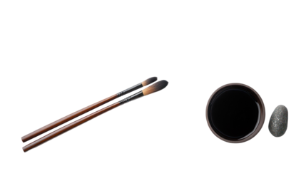 Minimal Oshogatsu flat lay featuring calligraphy brush and ink on transparent background