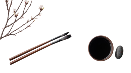 Minimal Oshogatsu flat lay featuring calligraphy brush and ink on transparent background