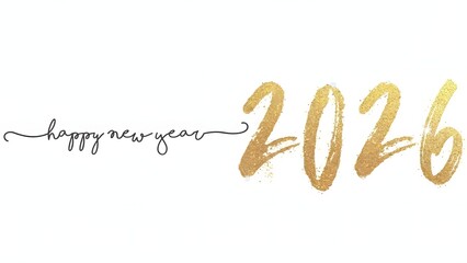 Happy new year 2026 with elegant black script and sparkling gold glitter numbers