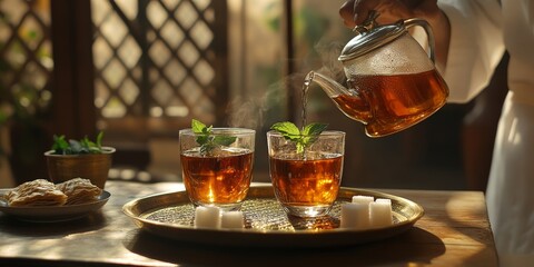 Waiter pouring hot moroccan mint tea into two glasses on golden tray