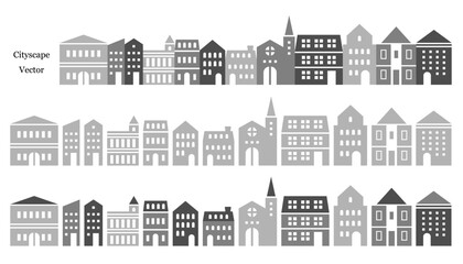 シンプルな街並みのイラスト素材セット ベクター モノクロ 家 白背景