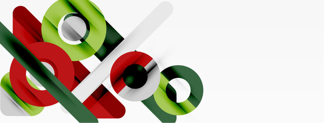 Abstract geometric shapes overlap. Red, green, white elements create dynamic composition. Modern design, clean lines, minimalist aesthetic.