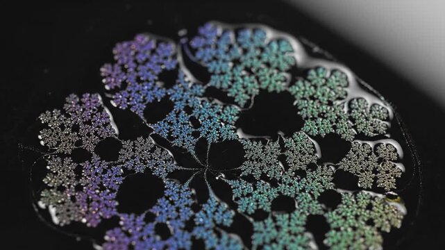 Extreme slow motion macro shot of shimmering black oil fluid spreading and forming intricate fractal void patterns across a perfectly dark surface intricate, slow, black