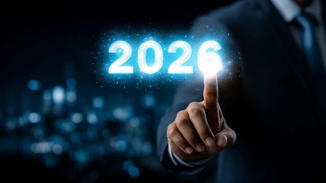 4k Businessman touching glowing digital button ""2026"" with previous years fading in background, concept of future planning, new opportunities, innovation and progress, dark modern tec