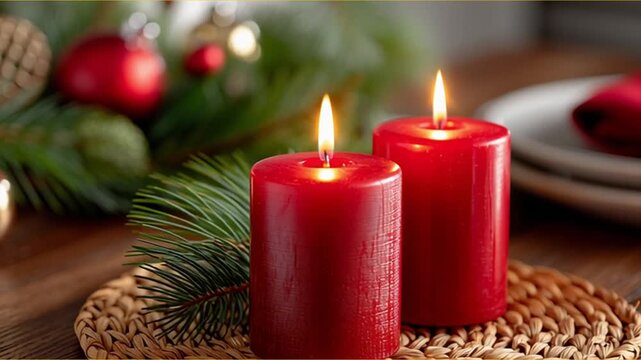 Two red pillar candles burn on a woven mat beside pine branches on a festive table, flames flicker and wax softly glows while the camera gently pushes in with background bokeh.