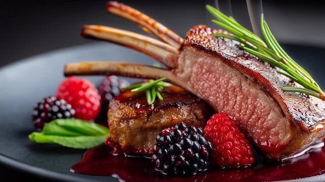 Close-up rack of lamb rests on a dark plate while glossy berry sauce pools and the camera slowly pushes in, revealing rosemary garnish and vibrant raspberries and blackberries.