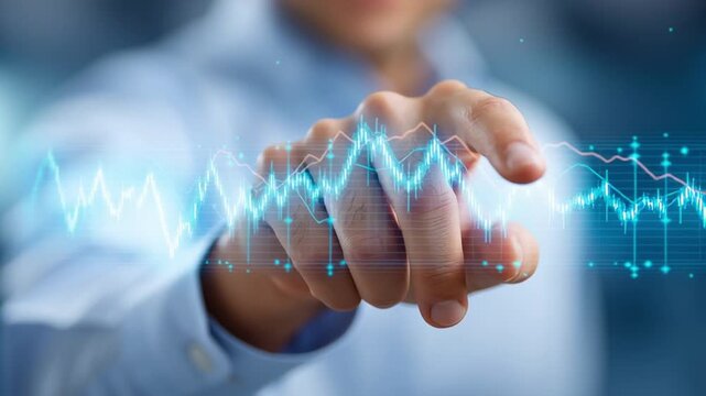 Close up of a hand clenched near a glowing market chart as the trend line pulses and shifts. data points flicker while the fist moves slightly forward, signaling volatility.