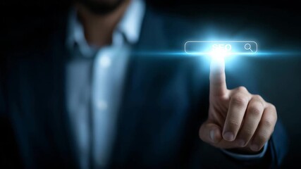 4k Businessman touching virtual SEO search bar on futuristic interface, concept of AI-powered search engine optimization, digital marketing strategy and website visibility improvement - Powered by Adobe