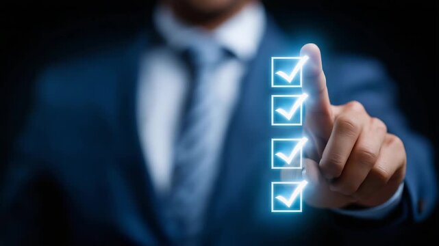 4k Businessman touching holographic progress bar with glowing checkboxes, concept of project development, task management, and workflow tracking in modern digital interface progress