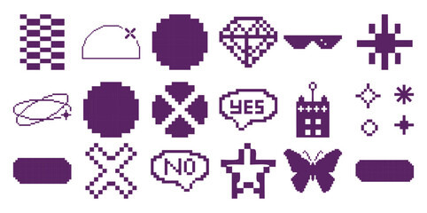Pixelated purple collection of abstract symbols and white © vector Art