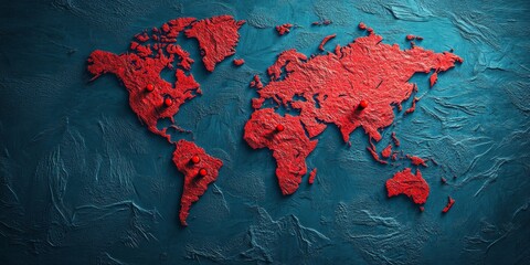 Red world map showing critical areas with push pins