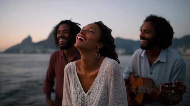 4k Friends dancing samba barefoot at sunset near Sugarloaf Mountain playing cavaquinho and pandeiro, laughter, tropical air, Rio skyline in background, cinematic