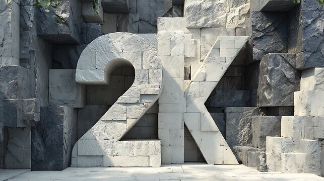 Stone-like 3D letters stacked in impossible geometry with shadow play