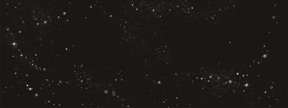 Black milky way space background with white stars scattered across dark universe expanse. Cosmic galaxy scene with distant stellar formations and celestial dust particles in night sky panorama.