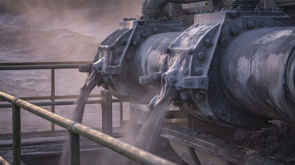 Industrial hinery dispenses gray slurry material through pipes in a foggy misty atmosphere