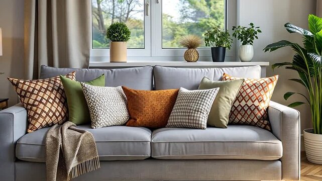 A stylish gray sofa with colorful decorative pillows in a modern living room. Cozy home interior design with houseplants by the window. Comfortable furniture concept