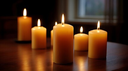 Lit candles casting a warm gentle glow on a dark wooden table