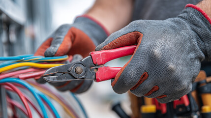 Electrician cutting electrical wires with pliers wearing safety gloves