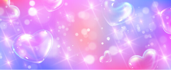 Dreamy rainbow background with 3d hearts and glitter particles. Vector realistic illustration of seamless pastel gradient, princess pattern, shimmering sparks, magic bokeh effect, cute girly design © klyaksun