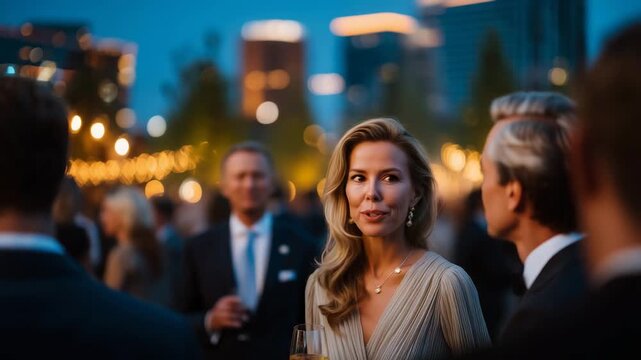 4k NATO Summit evening reception with delegates networking and city lights background diplomatic event, networking, nato summit, leaders, the hague, international relations