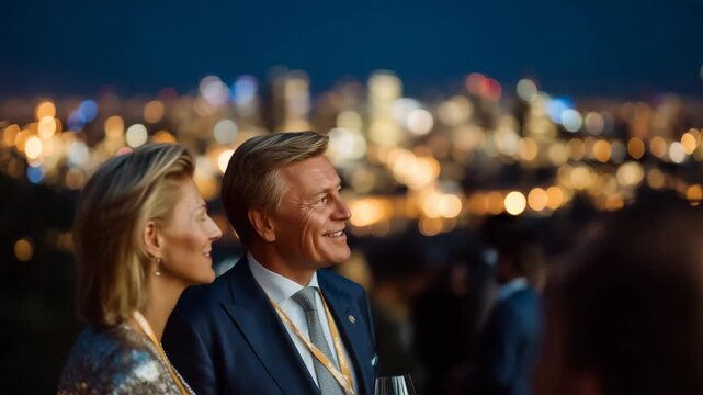 4k NATO Summit evening reception with delegates networking and city lights background diplomatic event, networking, nato summit, leaders, the hague, international relations, elegant