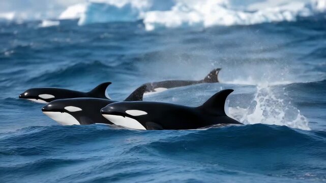 4k Pod of orcas swimming near Antarctic icebergs in deep blue water orcas, killer whales, antarctica, underwater, icebergs, marine mammals, wildlife, cold ocean, realistic