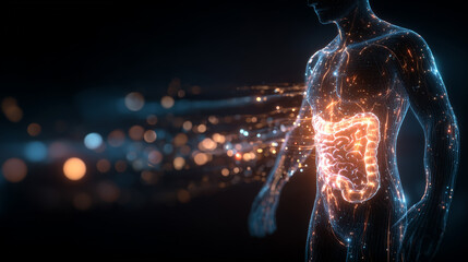 Human digestive system anatomy glowing intestine medical illustration