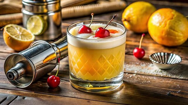 A classic Whiskey Sour cocktail garnished with cherries in a crystal glass. Mixology scene with a shaker and fresh lemons on a rustic wooden bar. Craft beverage and bartending concept