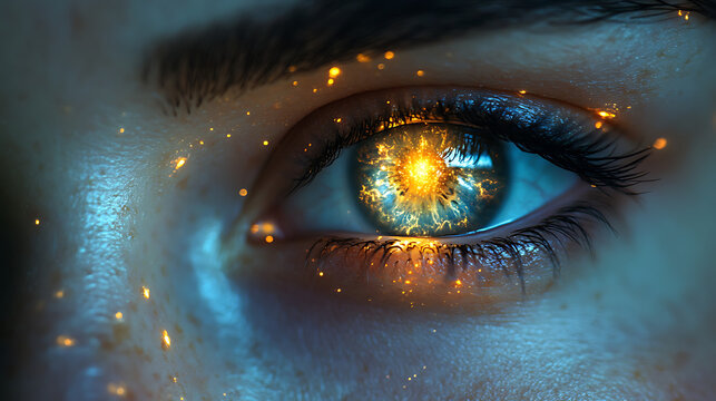 Close-up of eyes glowing softly with arcane energy patterns in the irises 