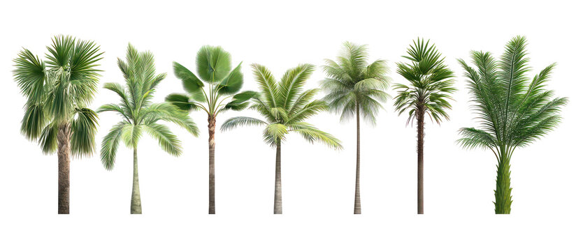 Brahea moorei and Attalea comune frontal palms set on transparent background