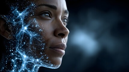 Close-up profile of a woman with digital facial recognition overlay representing biometric security, artificial intelligence, and identity verification technology