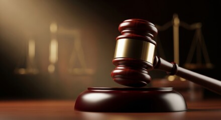Judicial gavel and scales of justice on wood table in courtroom setting