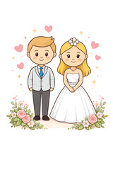 Cute bride and groom couple with flowers on white background