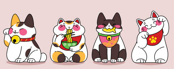 Japanese lucky cat set with maneki neko characters - kawaii fortune mascots with traditional bells, noodles and fish. Cute cartoon beckoning cats in Asian style for good luck and prosperity symbols. © klyaksun