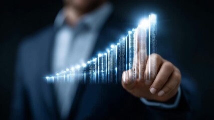 Futuristic holographic chart showing continuous business growth up to 2026, businessman interacting with virtual bar graph, concept of innovation, progress 4k - Powered by Adobe