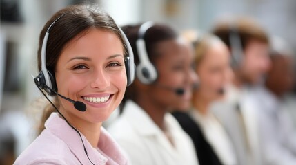 Smiling call center representative wearing headset with colleagues