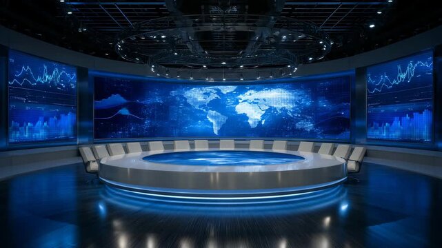 4kk Conference room of G20 Summit with digital screens showing economic graphs and global data g20, economy, data, finance, leaders, conference, technology, global growth, trade, south