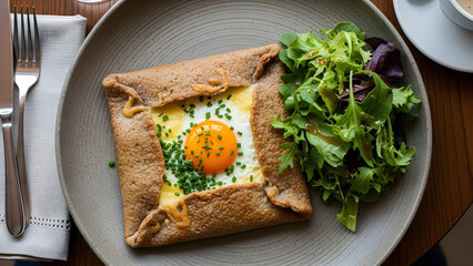Delicious savory crepe with egg and fresh greens on plate
