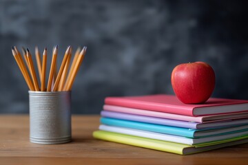 Colorful notebooks and red apple on desk with pencils in metal cup