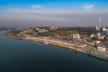 Fototapeta premium Belgrade, Serbia - December 20, 2025: Kalemegdan Fortress and Sava River photographed by drone 