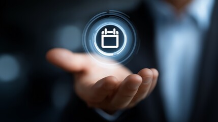 Futuristic digital calendar in hand with holographic interface