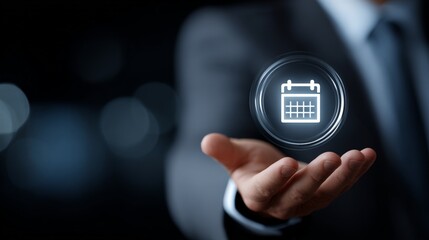 Businessman presenting digital calendar icon on hand in futuristic setting