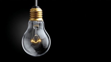 Glowing light bulb against black background with visible filament