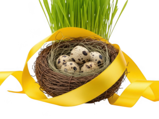 Quail eggs nestled in a small birds nest decorated with a bright yellow ribbon and fresh green grass isolated on transparent background
